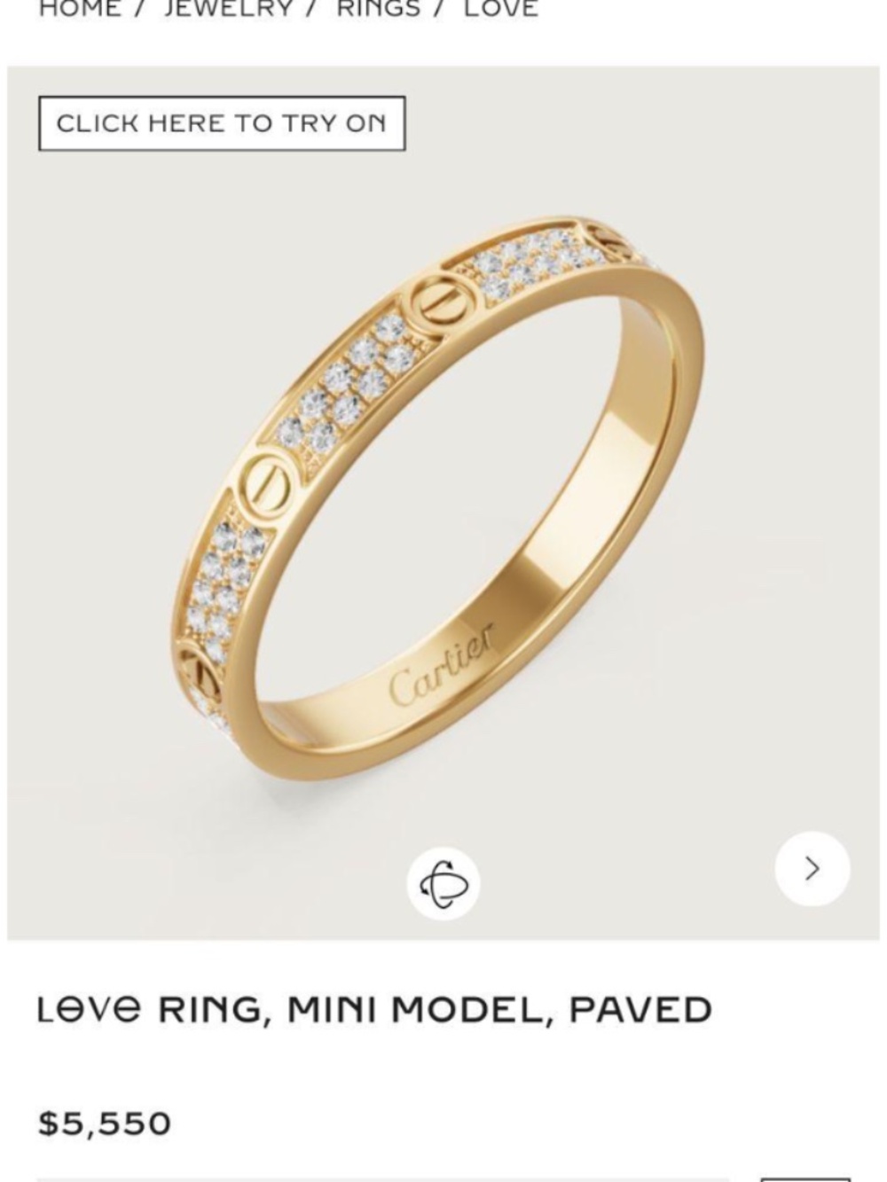 18K Yellow Gold Love Ring Mini Model Diamond Paved Band (Size 7, 3.63g)